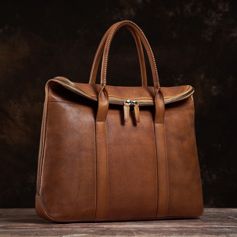 NUPUGOO Genuine Leather Vintage man Handbag Briefcase Men Shoulder Brown High Quality Business Fashion 15 inch Laptop Office Bag ► Photo 1/6