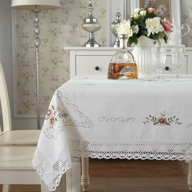 Table Cloth Embroidered Floral Lace Edge Dust Proof Covers Elegant Dining Decors 
