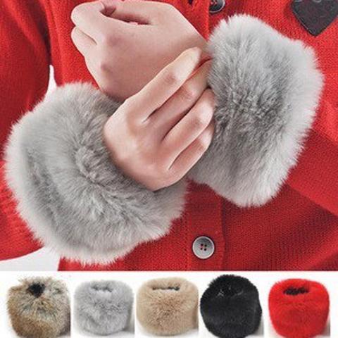 1 pair Women Fashion Winter Warm Faux Fur Elastic Wrist Slap On Cuffs Ladies Solid Color Arm Warmer Plush Wrist Protector ► Photo 1/6