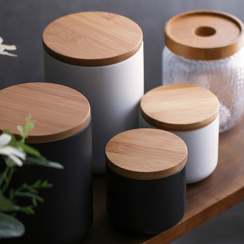 Nordic Style Ceramic Kitchen Storage Bottle Jar with Sealed Wood Lid Kitchen Food Coarse Cereals Candy Coffee Bean Tea Container ► Photo 1/6