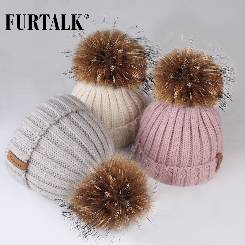 FURTALK Kids Winter Hat Toddler Knitted Pom Beanie Hat Cotton Lined Faux Fur Pom Pom Cap Baby Girls Boys Beanies 