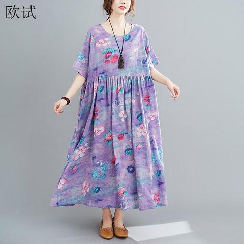 Plus Size Elegant Floral Summer Beach Dress Cotton Long Ladies Dresses for Women 4XL 5XL 6XL Oversized Korean Casual Dress 2022 ► Photo 1/6
