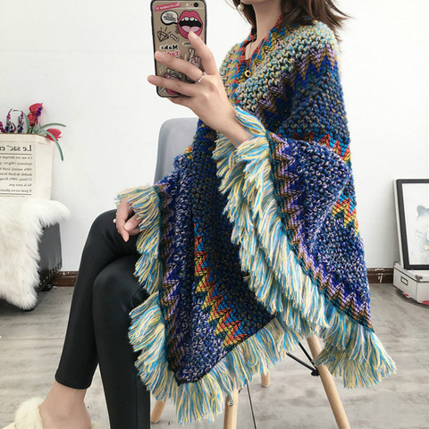 Women National Geometric Cloak Tassels Shawl Knitted Spring Hedging Mohair Fringed Knit Scarf Jacket Long Shawl Casual Poncho ► Photo 1/6