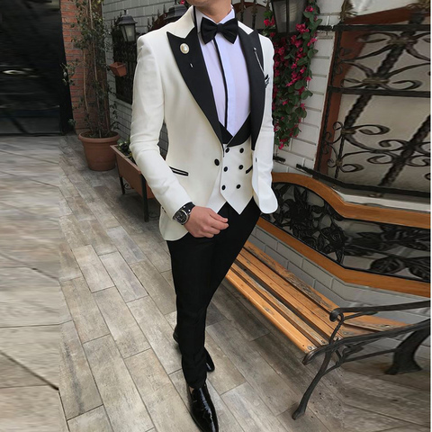 Men Suits 3 Pieces Slim Fit Business Suits Groom Champagne Noble Grey White Tuxedos for Formal Wedding suit (Blazer+Pants+Vest) ► Photo 1/6