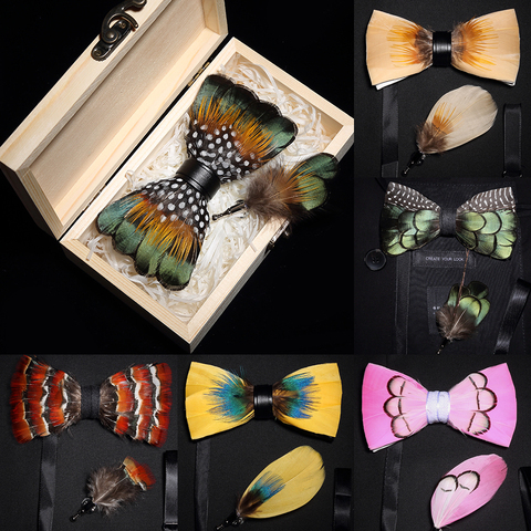 Ricnais New Original Feather Bow Tie Brooch Set White Bule Colorful Handmade Exquisite Bowtie For Men Wedding Ties Gift with Box ► Photo 1/6