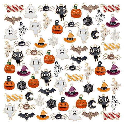 Julie Wang 18PCS Enamel Halloween Charms Mixed Candy Ghost Pumpkin Bat Spider Cat Hat Alloy Pendant Jewelry Making Accessory ► Photo 1/5