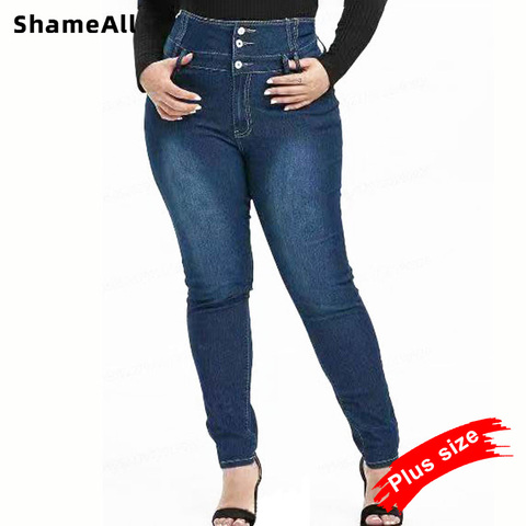 Plus Size Button Up Slim Skinny Dark Blue Full Length Jeans 4XL 5XL Women High Waist Stretch Thin Denim Pants Lady Trousers ► Photo 1/6