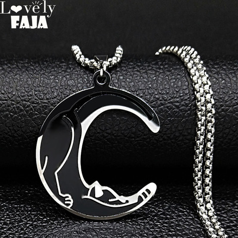 Stainless Steel Cut Moon Cat Necklace for Women Silver Color Big Black Enamel Necklace Jewelry Christmas Day Gift joyas N3237S03 ► Photo 1/6