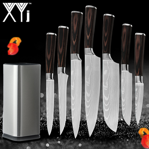 XYj 8pcs Kitchen Stainless Steel Knives Set 8'' Knife Storage Box Damascus Veins Blade Chef Fishing Chopping Bread Knife Cover ► Photo 1/6