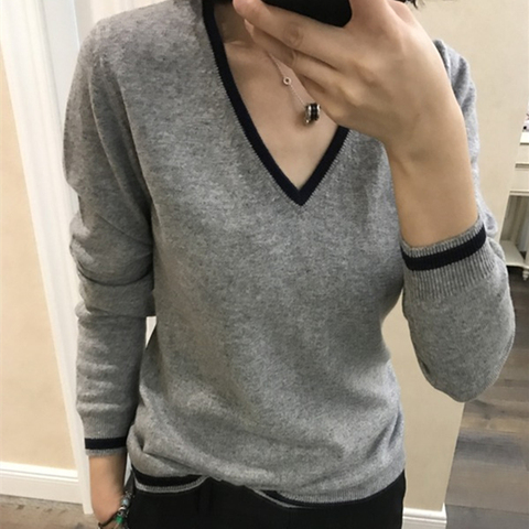 Hit Color Cashmere Cotton Blended V-Neck Sweater Women 2022 Autumn Winter Knitwear Jumper Pull Femme Pullover Sweater ► Photo 1/6