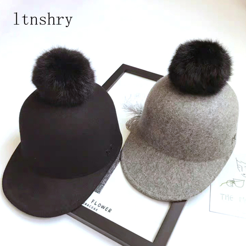 2022 New Winter Keep warm Wool Felt Hats Women Wool Fedoras Hat Retro Equestrian Knight Caps Female Rabbit Fur Ball Baseball Cap ► Photo 1/6