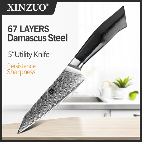 XINZUO 5'' Utility Knife High Carbon Damascus Steel Kitchen Knives Strong Hardness Kitchen Knives G10 Mosaic Brass Rivet Handle ► Photo 1/6