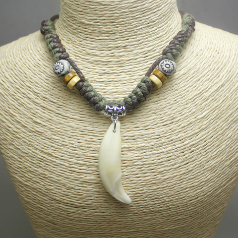 Man Choker Wolf tooth Necklace Green&Coffee rope Real Teeth pendant Fashion Jewelry ► Photo 1/5