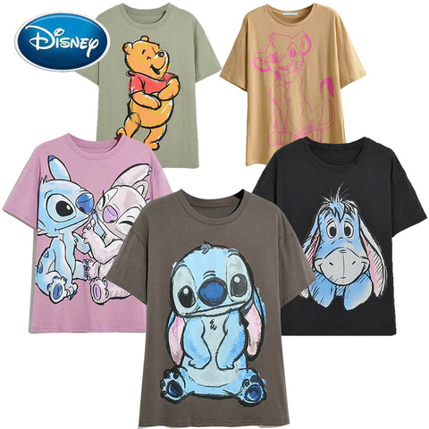 Disney Family T-Shirt Fashion Winnie the Pooh Mickey Mouse Stitch Fairy Dumbo SIMBA Cartoon Print Women T-Shirt Cotton Tee Tops ► Photo 1/6