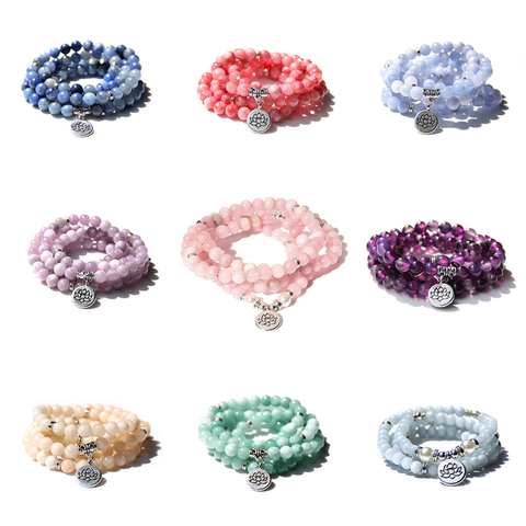 Buddhism 108 Beads Mala Bracelets Women Yoga Prayer Lotus Charm Pulsera 8 mm Natural Kunsite Chalcedony Stone Beads Bracelet ► Photo 1/6