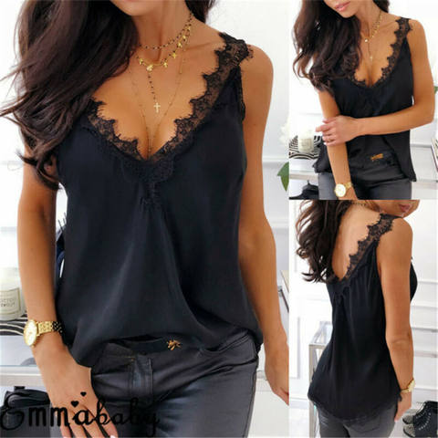 Women Sexy Lace Strappy V-neck Sleeveless Open Back Camisole Vest Ladies Tank Top Silk Cami Satin Effect ► Photo 1/6