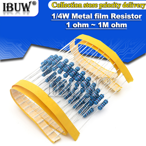 100pcs 1/4W Metal film resistor 1R~22M 1% 100R 220R 1K 1.5K 2.2K  4.7K 10K 22K 47K 100K 100 220 1K5 2K2  4K7 ohm resistance ► Photo 1/2