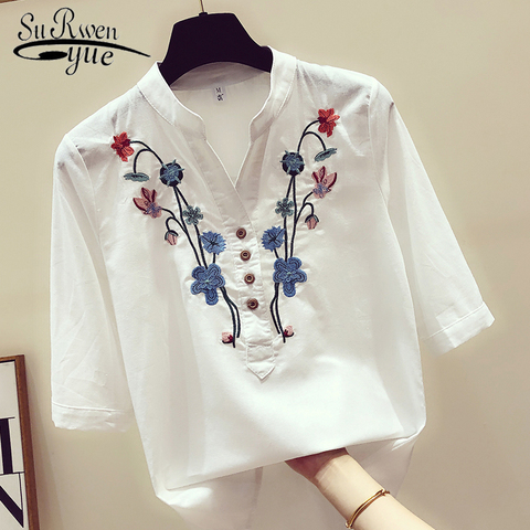 womens tops and blouses women shirts white blouse plus size women Embroidery V-Neck women shirts 2022 summer new 3140 50 ► Photo 1/5