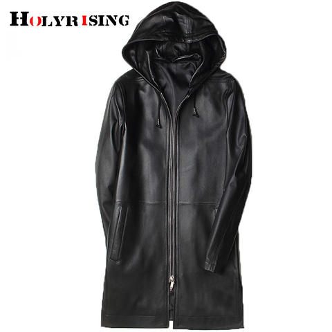 Holyrising men's sheepskin leather coat long hooded windbreaker coat fur spring and autumn men  genuine leather coat 19003-5 ► Photo 1/5