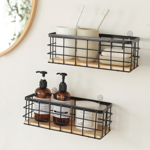 Kitchen Iron Wall Shelf Wtih Wood Board Hanging Storage Basket Bottle Jars Organizer Holder Storage Rack Home Decoration Shelves ► Photo 1/6