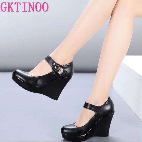 GKTINOO 2022 Spring Autumn Genuine Leather Women's Fashion High Heels Pumps Wedges Black Color Female Platform Shoes Large size ► Photo 1/6