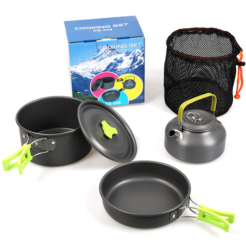 3 person Alloy Outdoor Camping Cookware Set DS-308 Picnic Pot Fry Pan Kettle Set ► Photo 1/6