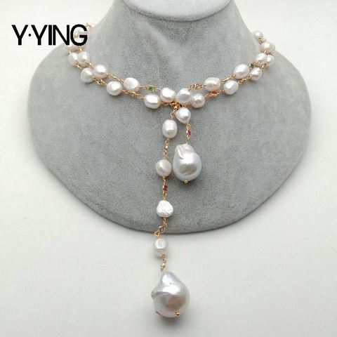 Y·YING 128cm Freshwater White Keshi Pearl white baroque pearl Mixed Color Cubic Zirconia  Pave Chain Long Necklace women jewelry ► Photo 1/6