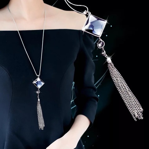 BYSPT Square Crystal Pendant Long Tassel Necklace Women Fashion Jewelry Wholesale Silver color  Long Necklace Sweater Chain ► Photo 1/6