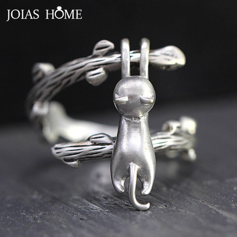 JoiasHome Thai Silver 925 Jewelry Opening adjustable Ring for Women Creative design Cat climb branch Cute Kitten Part Jewelry ► Photo 1/6