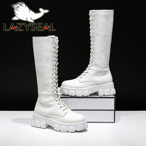 LazySeal Winter Long Boot Shoes Women White Lace Up Zip Height Increasing Pu Leather Shoes Plush Botas Mujer Big Size 43 ► Photo 1/6