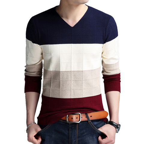 TFETTERS Brand-sweater Autumn Men's Long Sleeve T-shirt New V-neck Slim Sweaters Knitted Striped Bottom Shirt Large Size M-4XL ► Photo 1/6