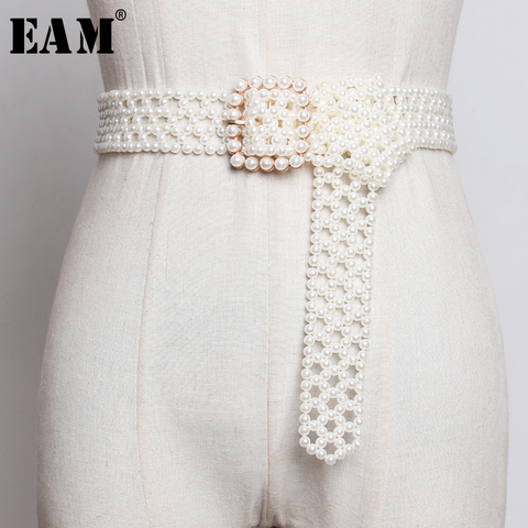 [EAM]  Pearls Hollow Out Square Buckle Long Wide Belt Personality Women New Fashion Tide All-match Spring Autumn 2022 1A834 ► Photo 1/6