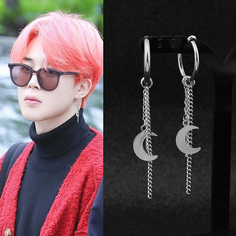New Jimin Stainless Steel Stud Earring Long Chain Round Bar Pendant Ear Clip for Urban Rapper Punk Grunge Party Birthday  Gifts ► Photo 1/6