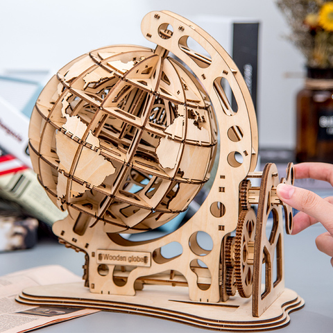 Wooden Globe Puzzle 3D DIY Mechanical Drive Model Transmission Gear Rotate Assembling Puzzles Home Office Decoration Toys Adults ► Photo 1/6