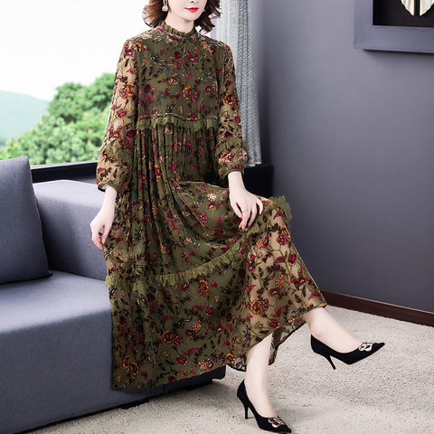 Korean Clothing 2022 Autumn New Velvet Jacquard Loose Large Size Burnt Flower Long Dress Printed Fashion Spliced Robe 4L X Y358 ► Photo 1/6