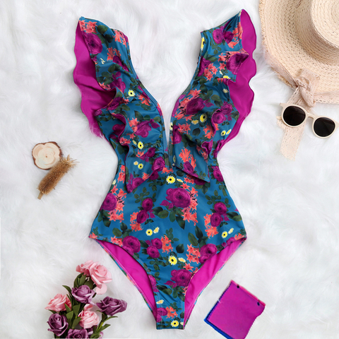 2022 New Print Swimwear Deep V-neck Ruffle Swimsuit Push Up One Piece Swimsuit Beach Wear Backless Monokini ► Photo 1/6