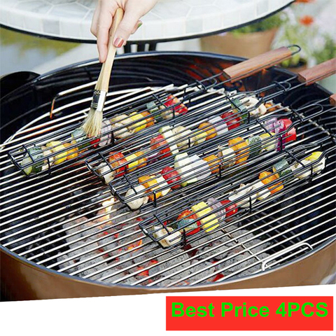 4 PCS BBQ Skewers Grilling Basket Reusable Durable Anti-Corrosion Handle Sticks Barbecue Tool Basket Grill Net Mesh Kitchen Tool ► Photo 1/6