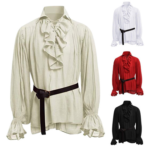 New Medieval Renaissance Lacing Up Shirt Bandage Tops For Adut Men Larp Vintage Costume Fluffy Long Sleeve For Male pants Belt ► Photo 1/6