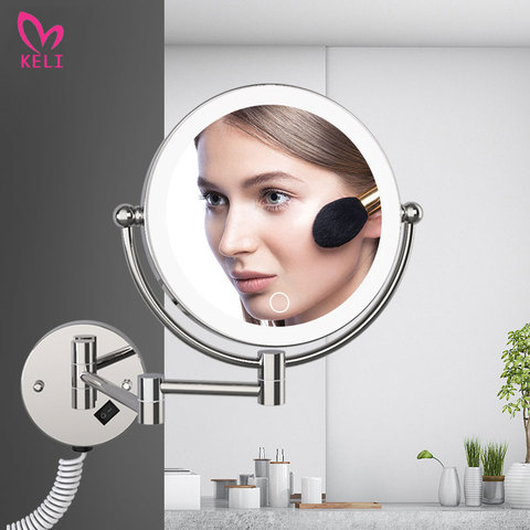 LED Makeup Mirror With Plug 5X Magnifying Folding Wall Illuminated Mirror Double Sided Touch Bright Adjustable Bathroom Mirrors ► Photo 1/6