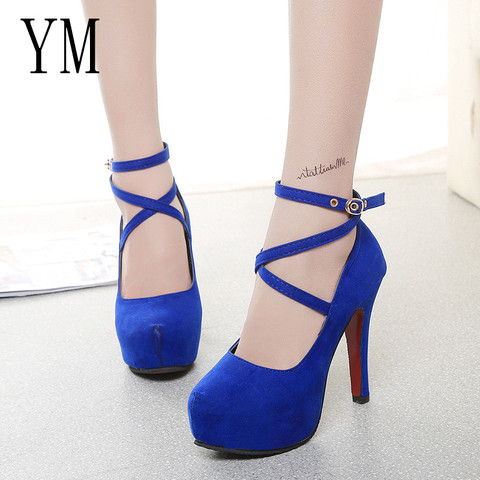 Hot Shoes Woman Pumps Cross-tied Ankle Strap Wedding Party Shoes Platform dress Women Shoes High Heels Suede ladies shoes Big 42 ► Photo 1/6