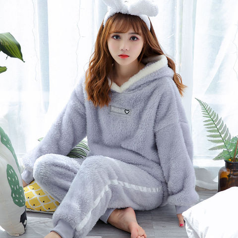 Winter Flannel Warm Pajamas Women Long Sleeve Home Pajama Suit