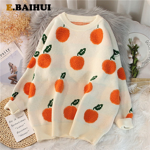 EBAIHUI Orange Print Women O Neck Sweater 2022 Autumn Winter Warm Pullovers Top Soft Female Jumper Knitwear Outfits Pull ► Photo 1/6