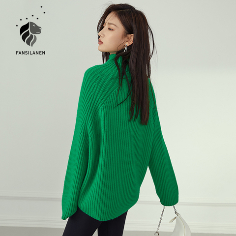 FANSILANEN Turtleneck long sleeve knitted pullover top Winter thick oversized green women's sweater Vintage female purpel jumper ► Photo 1/6