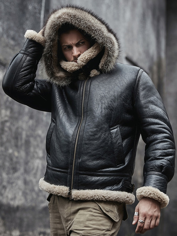 2022 New Mens Sheepskin Shearling Jacket Detachable Hooded B3 Flight Jacket Raccoon Fur Collar Aviator Coat ► Photo 1/6