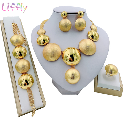 Liffly African Jewelry Sets Round Necklace Bracelet Dubai Gold Jewelry Set for Women Wedding Party Bridal Earrings Ring Jewelry ► Photo 1/6