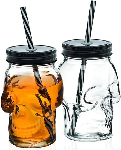 Skull Glass Mason Jar Mug Tumbler Cup With Lids And Straw Skull Face Glass Wide Mouth Mason Jar Drinking Glasses Single jar 16oz ► Photo 1/6