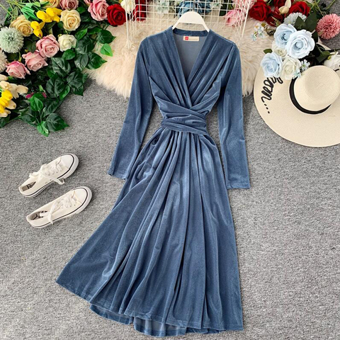 2022 Spring New Women Velvet Dress Vintage Long sleeve V-neck Bandage Dresses High waist Elegant Black Party Dress Vestido ► Photo 1/6