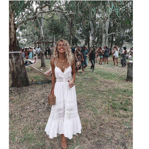 2022 Women Dress Lace Fashion Boho Long Maxi Summer Sexy V-Neck Ladies Sleeveless White Beachdress  Evening Party Casual Clothes ► Photo 1/6