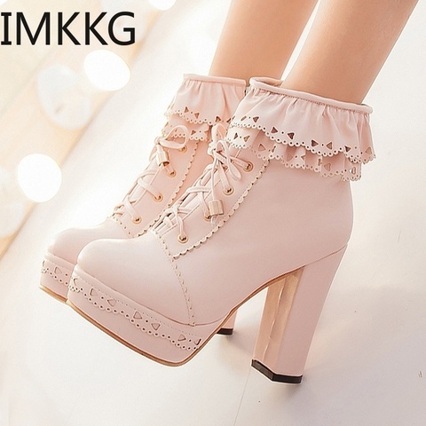 Women Autumn Fashion Leather Round Toe Lace Up Platform Chunky High Heel Ladies Motorcycle Ankle Boots 6 Colors Snow BootsY10255 ► Photo 1/6