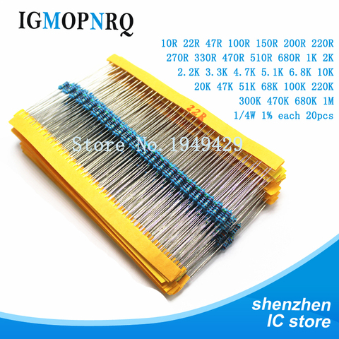 600pcs/set 30 Kinds 1/4W Resistance 1% Metal Film Resistor Pack Assorted Kit 1K 10K 100K 220ohm 1M Resistors 300pcs/set ► Photo 1/2